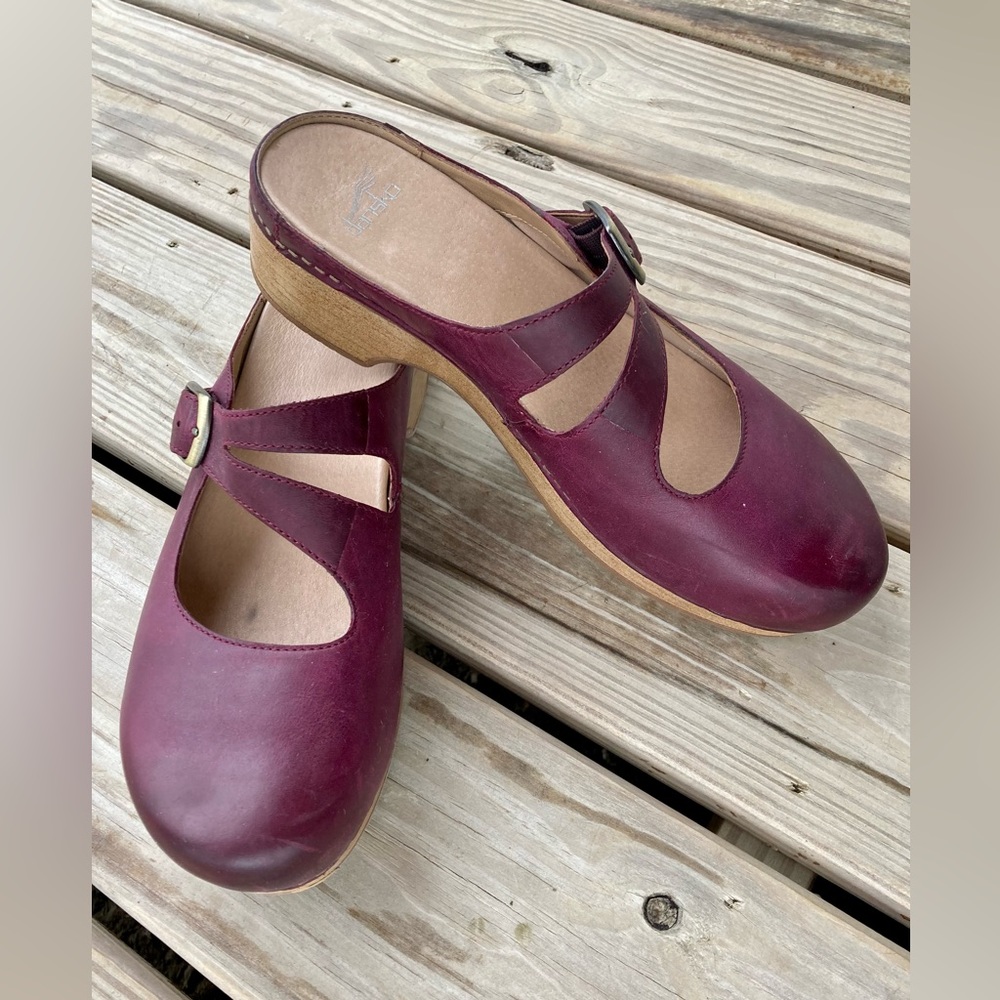 Dansko Britney Wine Waxy Burnished Mary Jane Clogs